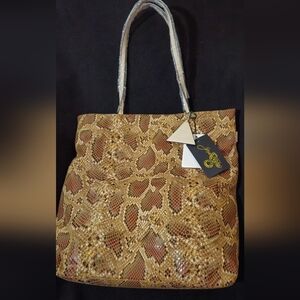 NWT- Sorial Gold & Brown Leather Snakeskin Embossed Print Tote